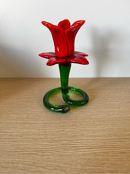 Other - Red Glass Flower Sculpture or Candle Holder with Green Stem